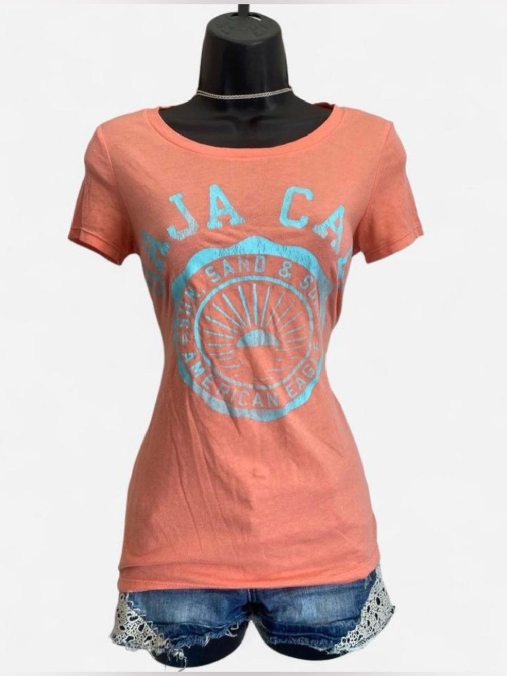 Y2k American Eagle Peachy Coral & Teal Fitted Baby Tee Baja Cali Surf - Picture 2 of 7